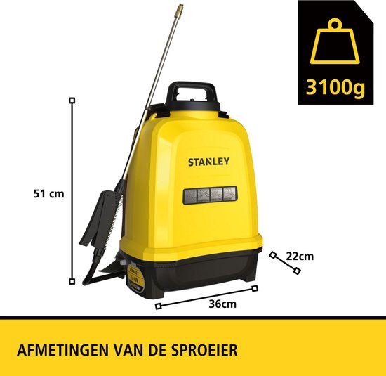 Pulvérisateur à pression Stanley 12 L arrière, pulvérisateur arrière jardin, pulvérisateur à pression, électrique, batterie rechargeable lithium, lance télescopique, buse réglable, autonomie 2 h, max 5 bar, 0.60 l/minute, jaune/noir