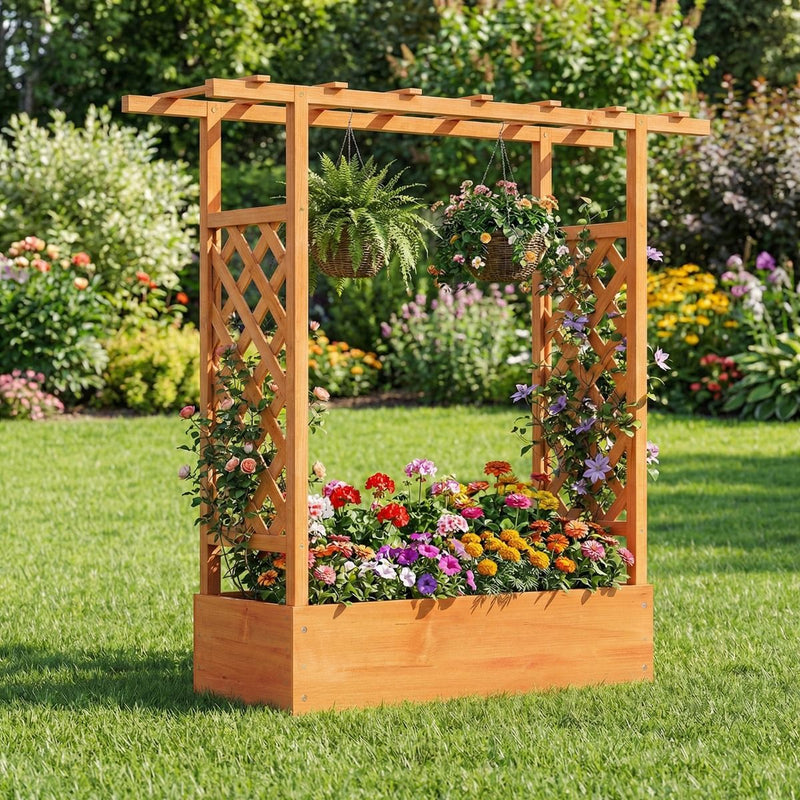 Jardinière surélevée en bois Coast - Treillis et toit suspendu - Trous de drainage - Naturel/Orange - 110 x 35 x 114 cm