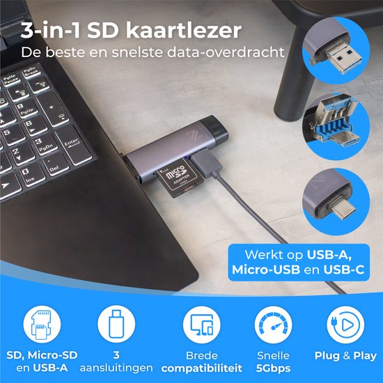 Nuvance - Lecteur de carte SD - Clé USB - Lecteur de carte SD USB C - Lecteur de carte - Micro USB - Lecteur de carte mémoire - Adaptateur Micro SD - Lecteur de carte SD - Lecteur de carte Micro SD - USB 3.0 - Convient à tous les Smartphones et Ordinateur