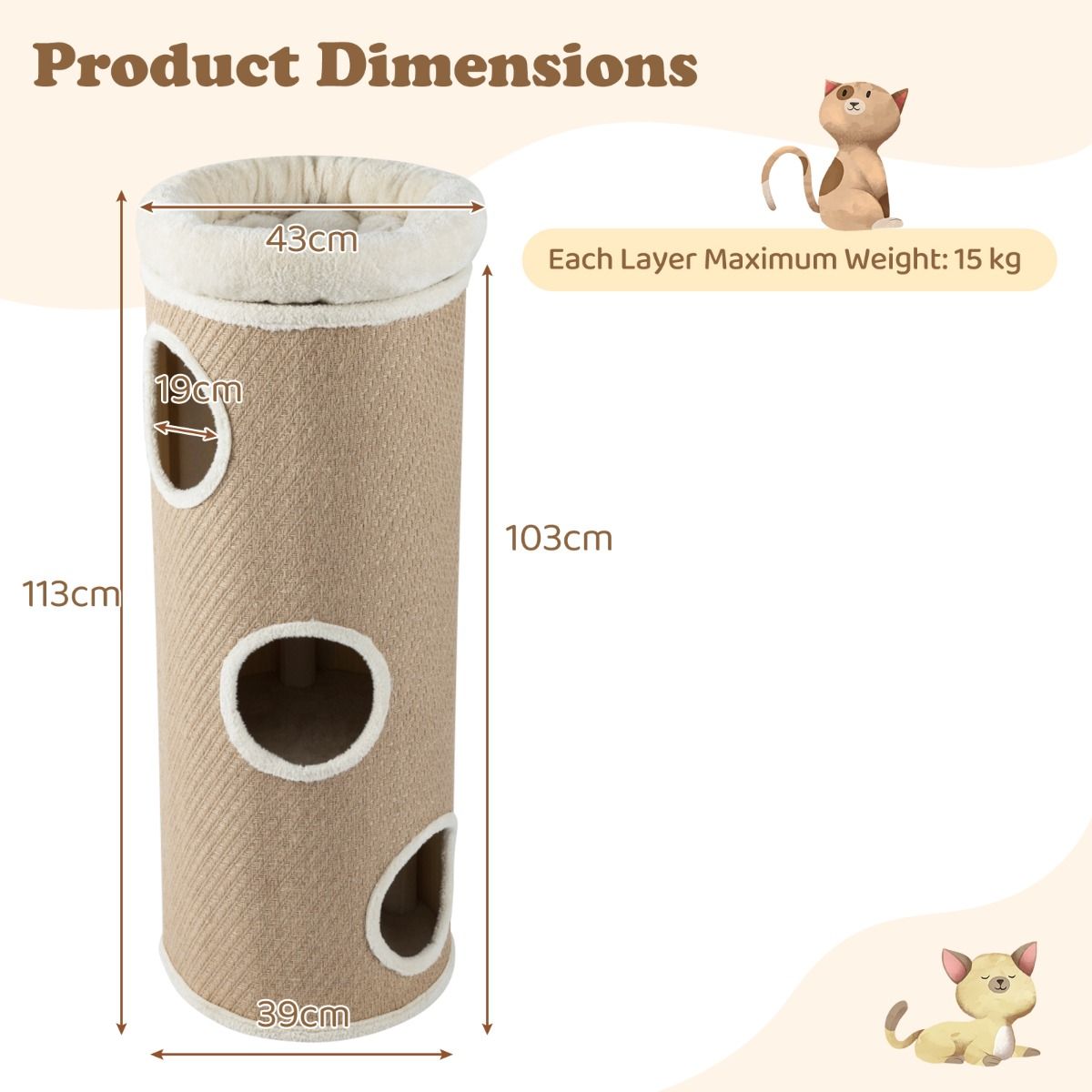 Maison pour chat Coast à quatre étages - Lit en peluche - Arbres à chat en sisal - Marron 43 x 43 x 113 cm