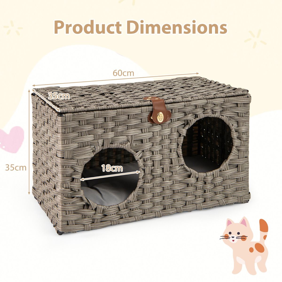 Coast Maison pour chat en osier - panier pliable pour chat - coussin amovible - couvercle verrouillable - 60 x 35 x 35 cm