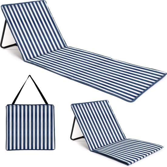 Tapis de plage pliable - chaise longue - dossier réglable - facile à transporter - léger - poche de rangement zippée (rayures bleues et blanches verticales)