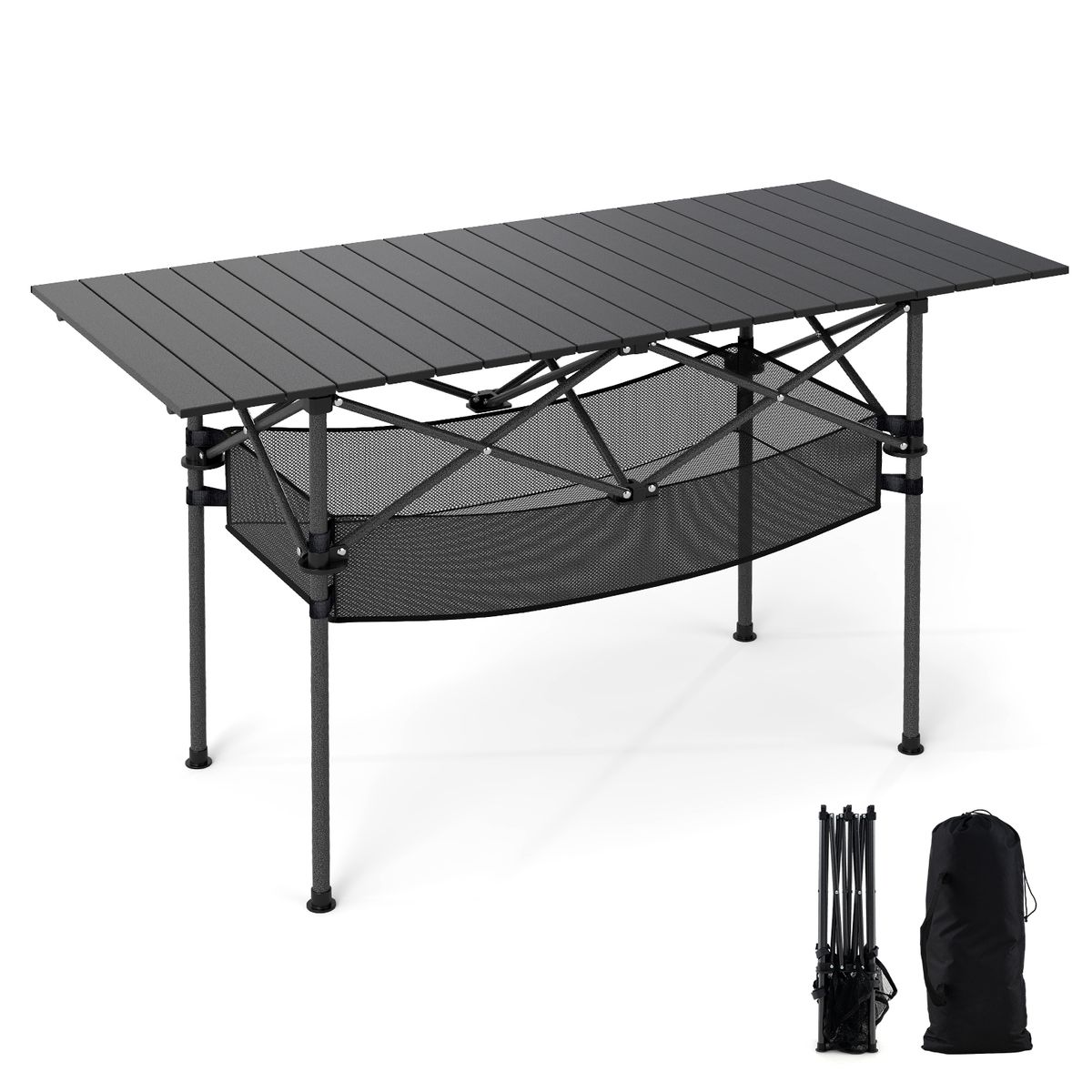 Table de camping pliable Coast - Plateau en aluminium enroulable - Avec panier en filet - Noir 119 x 56 cm