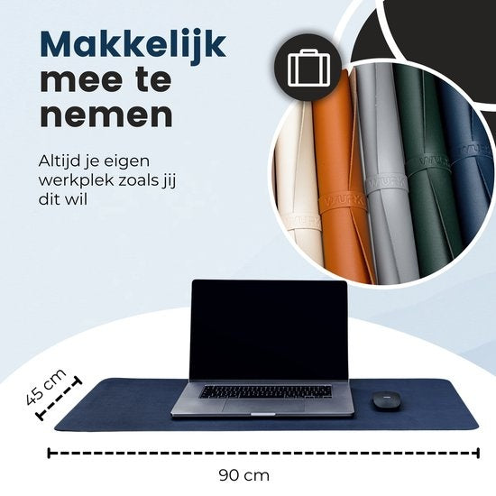 WURK Tapis de bureau professionnel en cuir synthétique - Organisateur de bureau - Accessoires de bureau - Tapis de souris XXL- Inclut un clip de câble - 90x45 - Bleu