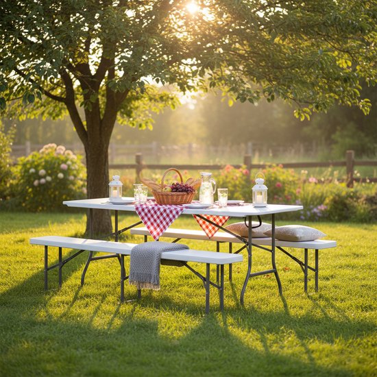 Table de bière pliable AXI Elba – Blanche – 180 x 74 x 75 cm – Pliable – Avec poignées – Idéale à emporter – Structure en acier et plastique HDPE – Portable et peu encombrante – Jusqu’à 150 kg