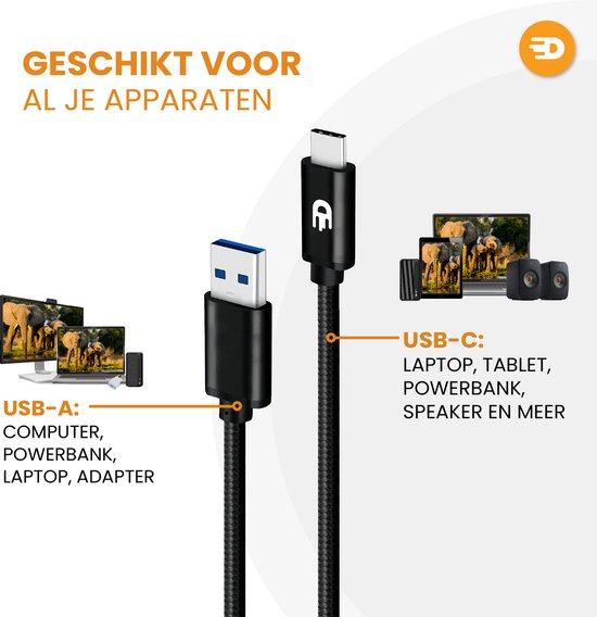 Drivv. Câble USB vers USB C - Chargeur rapide - Câble de données et de charge USB C - 2 mètres - Convient à Samsung, iPhone 15 et autres - Noir