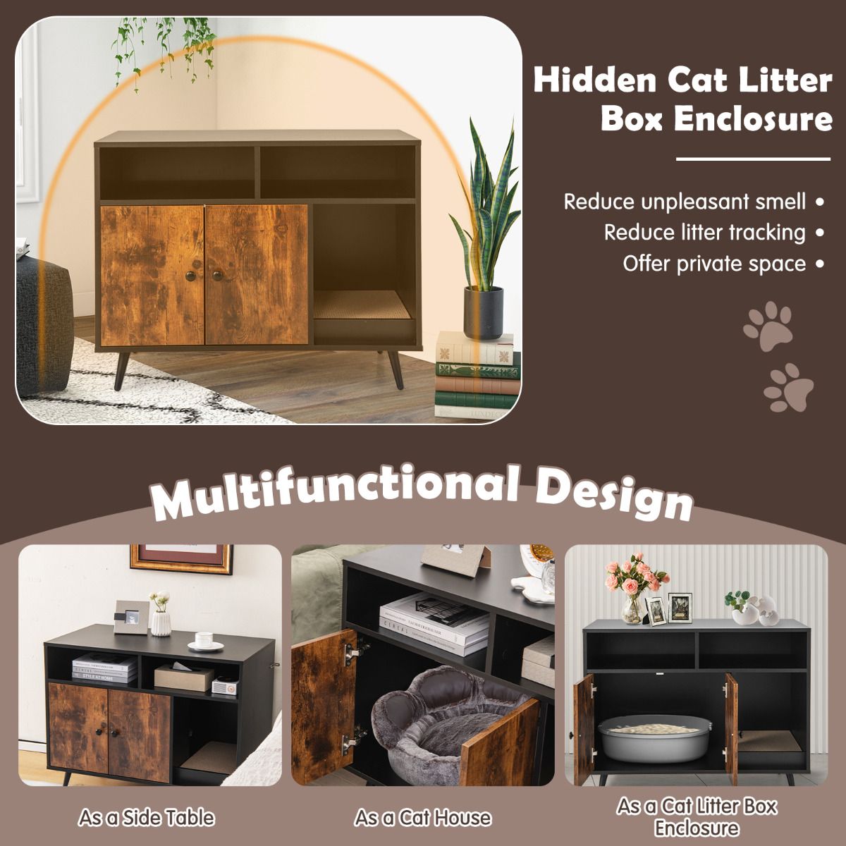 Meuble pour litière Coast avec arbre à chat - meuble de rangement avec dispositif anti-basculement - noir et marron - 90 x 50 x 70 cm