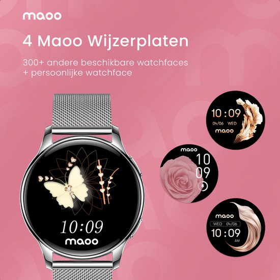 Maoo Ventura AMOLED Smartwatch Ladies - Acier inoxydable et bracelet en silicone 3x - Podomètre - Moniteur de fréquence cardiaque - Moniteur de sommeil - Multisport - Convient à Android et iOS - Argent et blanc