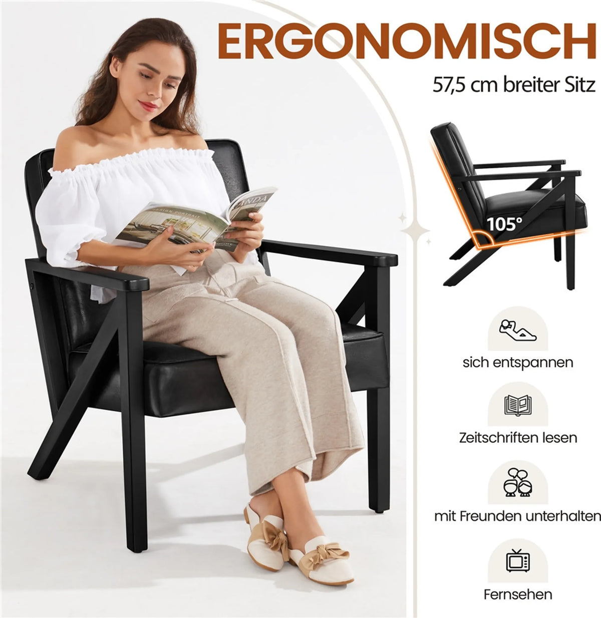 Fauteuil de salon vintage Yaheetech / Fauteuil à pieds en Z 78 x 67 x 79,5 cm – Noir mat – Simili cuir PU et bois de caoutchouc