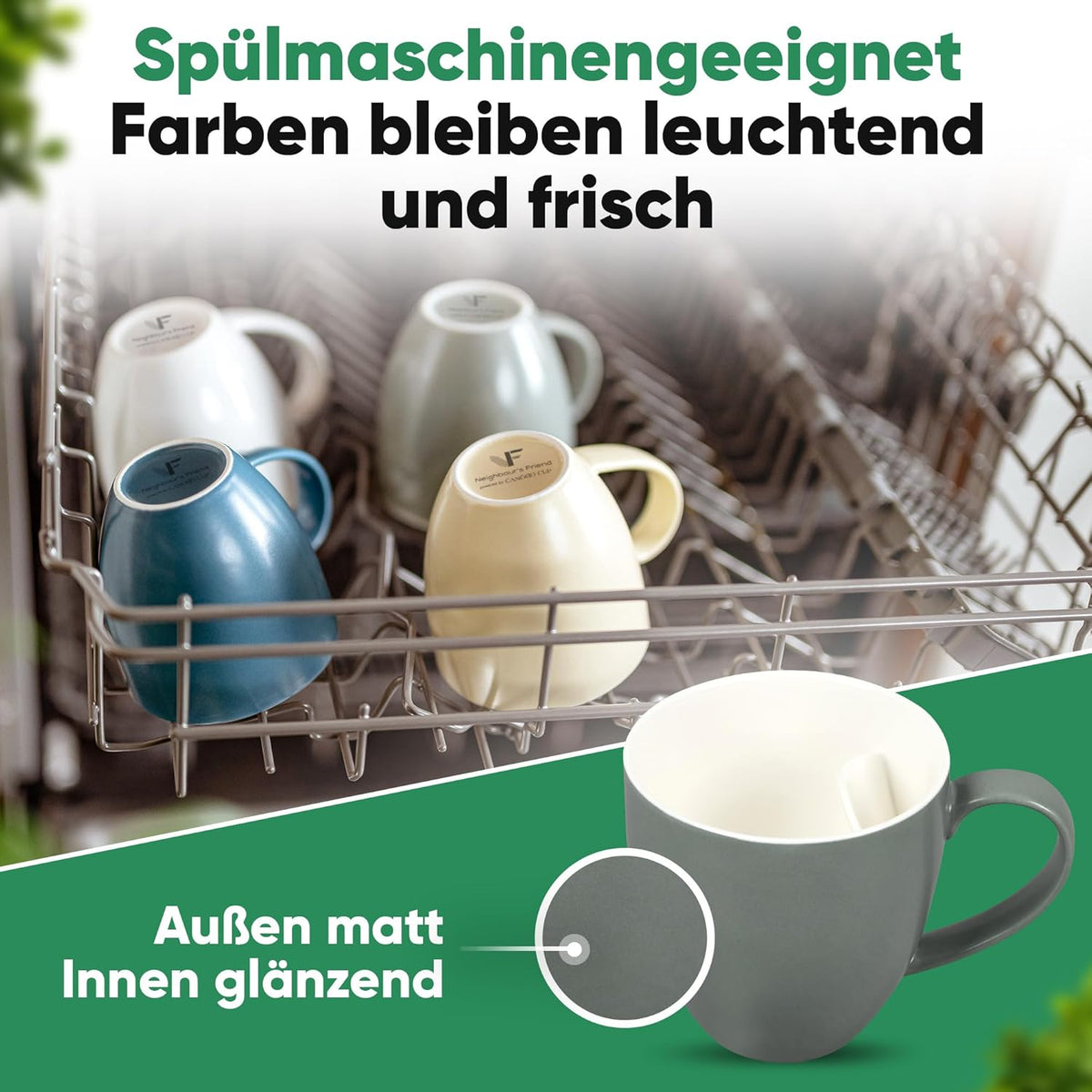 Neighbour's Friend Tasse à thé brevetée grise avec porte-sac I Tasse en céramique grande 325ml I Tasse à thé en faïence I Tasse en céramique pour le thé I Tasses à thé lavables au lave-vaisselle I Design moderne pour les buveurs de thé