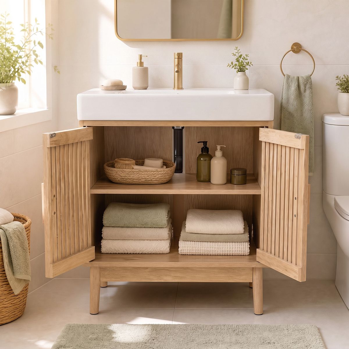 Meuble de salle de bains Coast sous-lavabo - 2 portes à lamelles - pieds en pin - aspect naturel - 60 x 30 x 70 cm