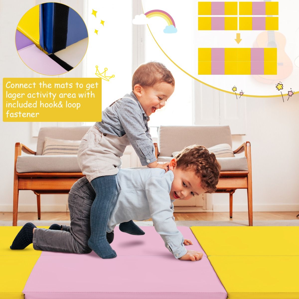 Tapis de gymnastique Coast - 3 couches - pliable - antidérapant - 180 x 60 x 5 cm - jaune et rose