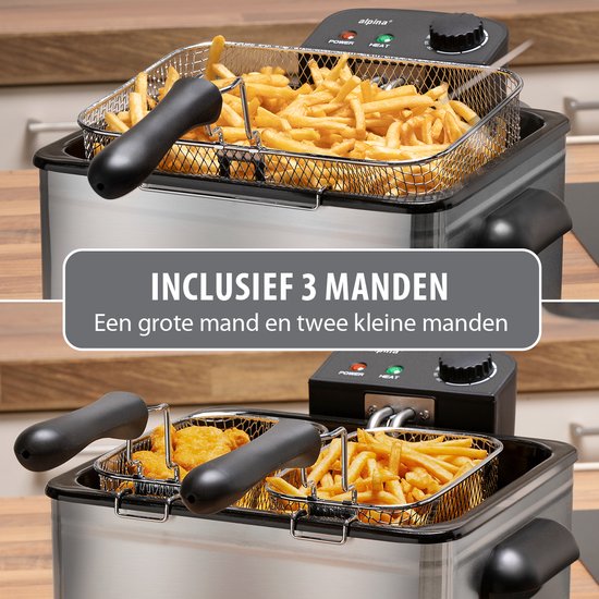 alpina friteuse double 5 litres - friteuse avec thermostat réglable - friteuse avec 3 paniers amovibles - friteuse 2000W - 27,5 x 21,5 x 30,5 cm - acier inoxydable