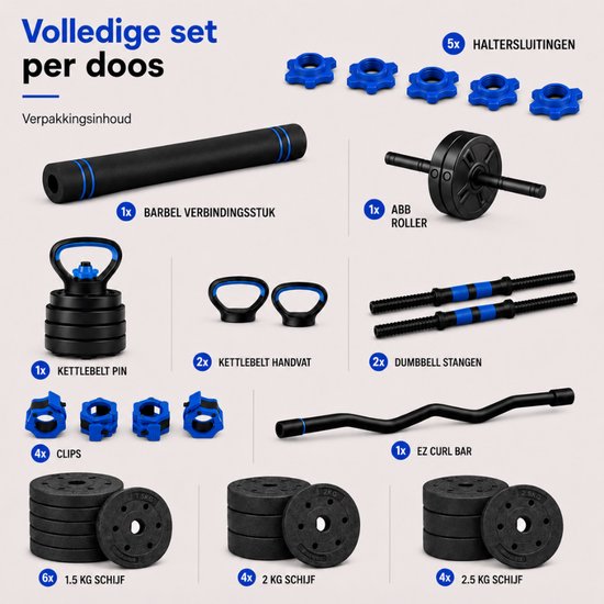 Sportfloww Dumbbells 28,5 kg – Ensemble d'haltères – Ensemble de poids comprenant un kettlebell, une barre d'haltères, une barre EZ et un rouleau abdominal – Haltères réglables