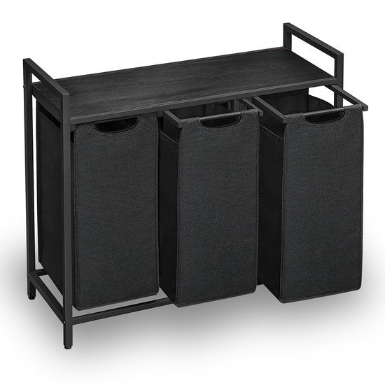 Goliving Trieur de linge - Panier à linge avec 3 compartiments - Boîte à linge - Textile Oxfort/Métal/Bois - 3 x 38 Litres - 25 x 92,5 x 71 cm - Noir