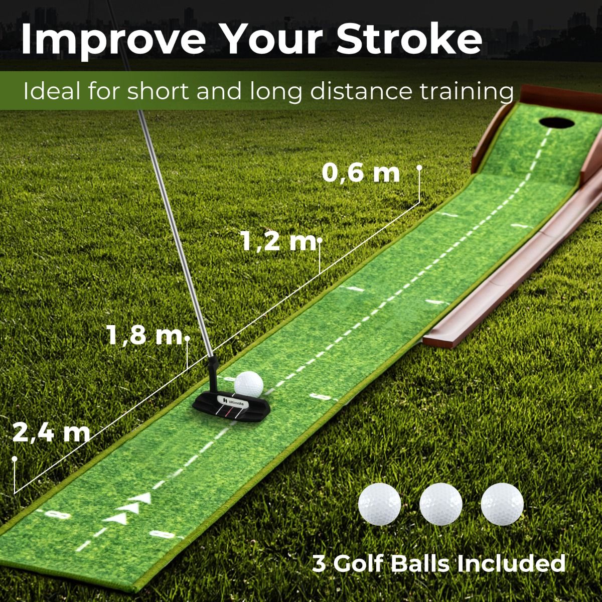 Coast Golf Practice Mat - Retour automatique de la balle - 3 balles de golf incluses - 277 x 29 x 15 cm