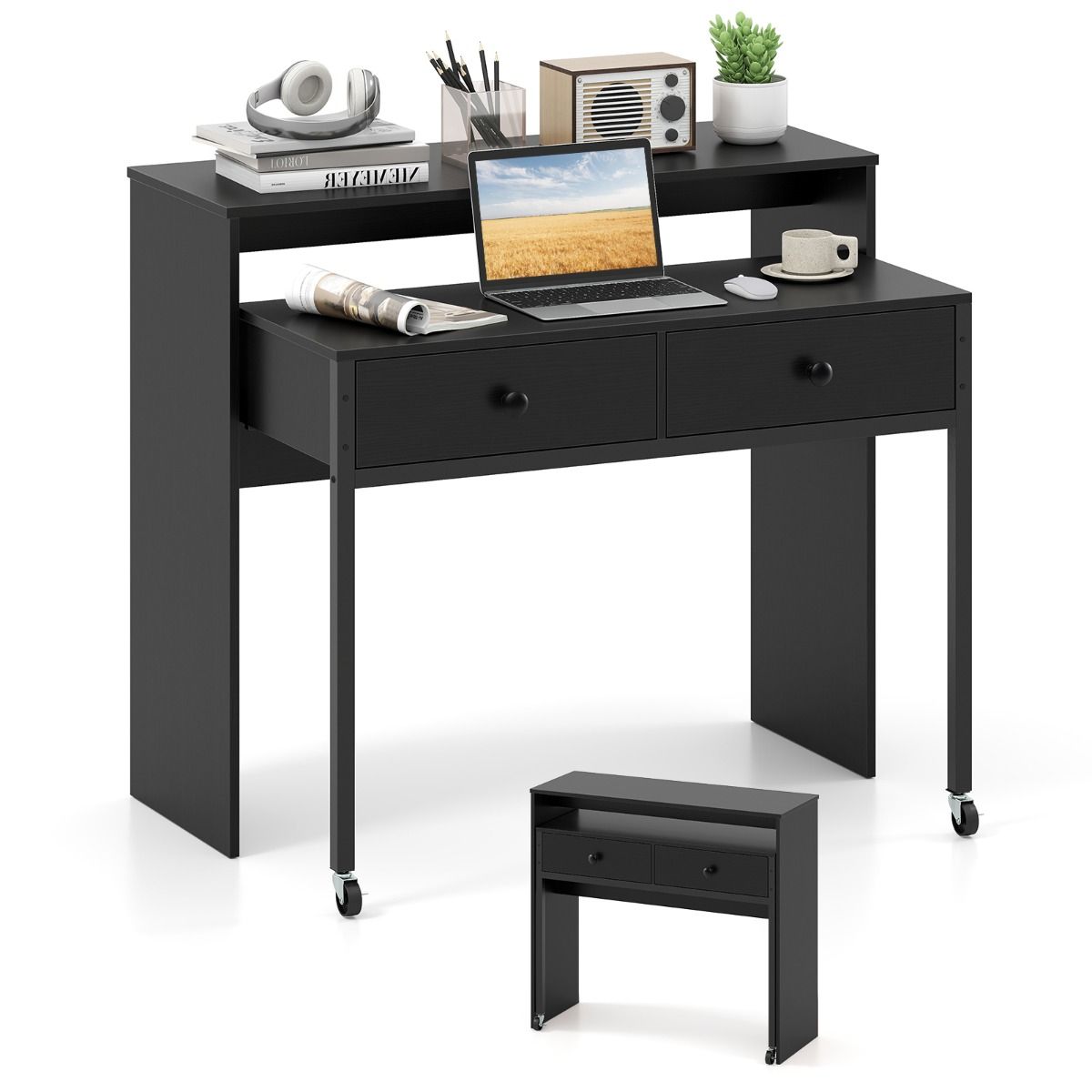 Bureau extensible Coast - avec 2 tiroirs - roulettes verrouillables - noir - 100 x 63 x 88 cm