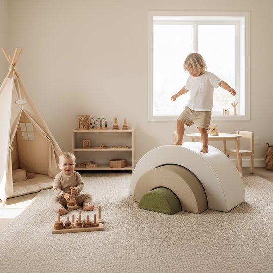 Blocs en mousse Sunny Seli Rainbow – Blocs souples pour grimper, empiler et jouer – Beige, marron et vert – Blocs en mousse Softplay – Jouets Montessori – Lot de 3 – À partir de 12 mois – Jouer et apprendre en toute sécurité