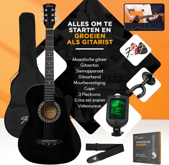 Guitare acoustique Finesse - avec cours vidéo - Guitare western - Guitare pour enfants et adultes - Noir
