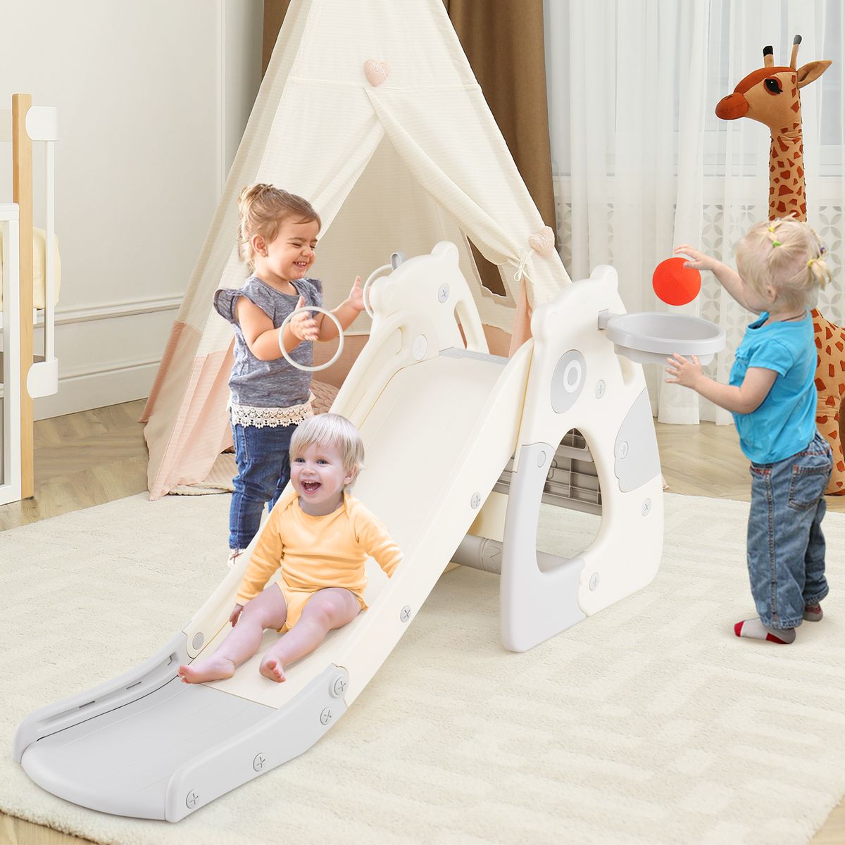 Toboggan pliable pour tout-petits Coast - Structure d'escalade 4-en-1 - Panier de basket - Gris
