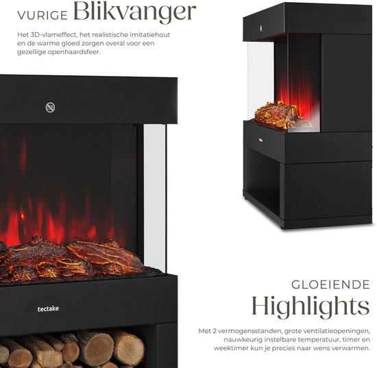 tectake® Electric Fireplace - Atmosphere Fireplace - 900W & 1800W - Freestanding - Stove - with Heating - Fireplaces - with Wood and Glow Effects - 3D Flames - Timer
