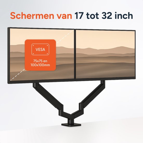 Skoov Bras pour moniteur avec vérin à gaz - Pour 13-32 pouces - 2 écrans - Support - Moniteur - Support - Support - Extra stable - Noir
