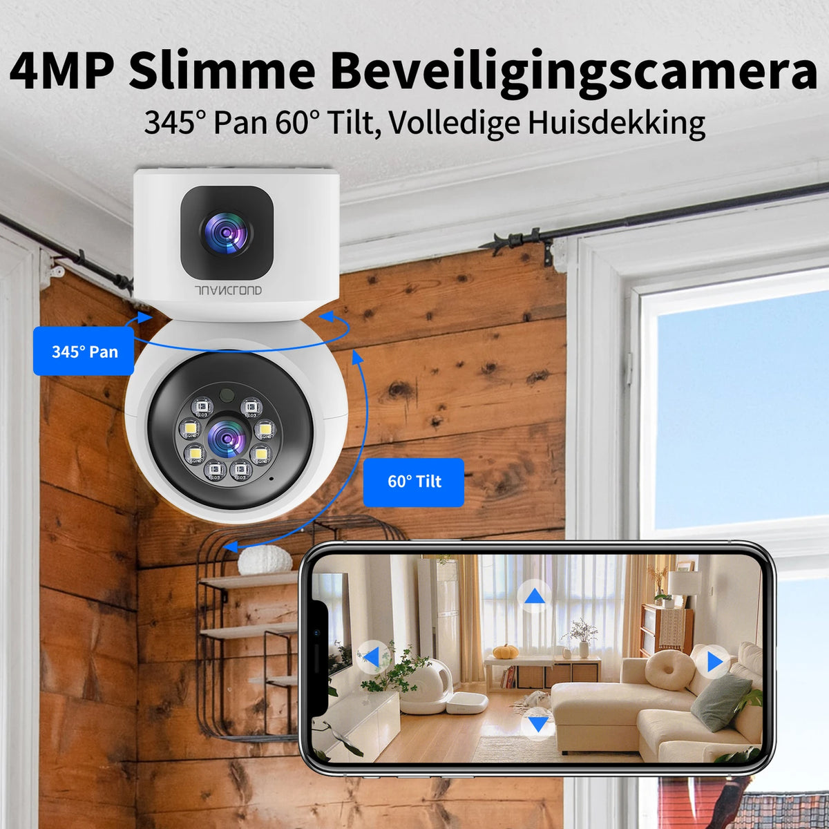 Caméra de sécurité d'intérieur Juancloud à double objectif - 2K Ultra HD avec vision nocturne - Audio bidirectionnel et détection de mouvement par IA - Blanc
