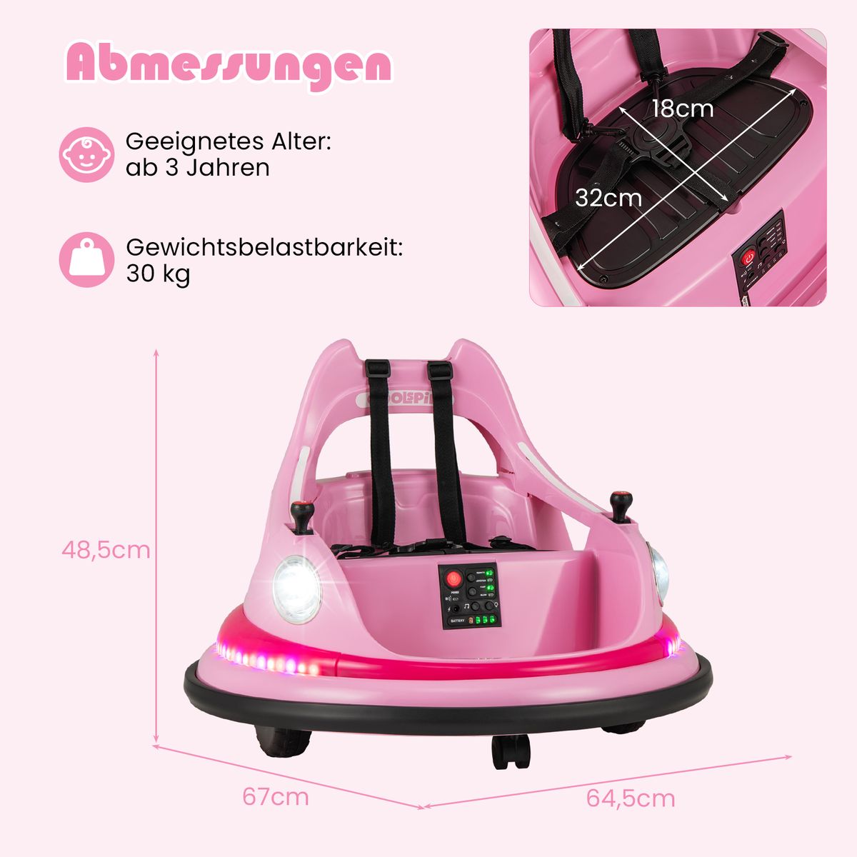 Coast : voiture de collision électrique pour enfants - 12 V avec télécommande et deux manettes - rose