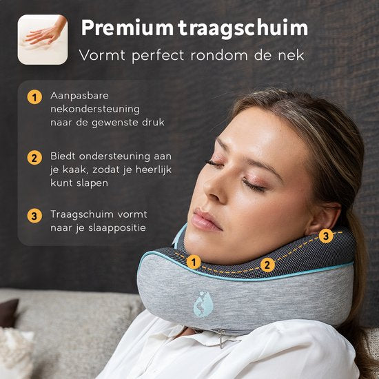 TRAVARA Oreiller de cou - Oreiller de voyage - Pour l'avion - La voiture - Mousse à mémoire de forme - Avec bouchons d'oreille - Gris