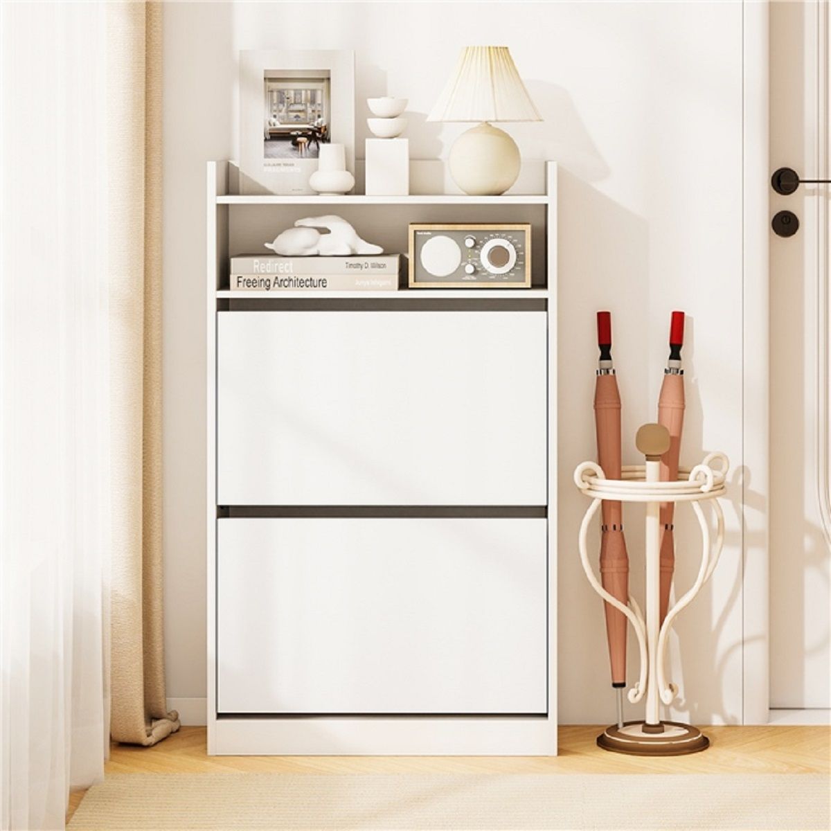 Armoire à chaussures Coast - 2 compartiments rabattables - design élancé et peu encombrant - blanc/aspect bois rustique