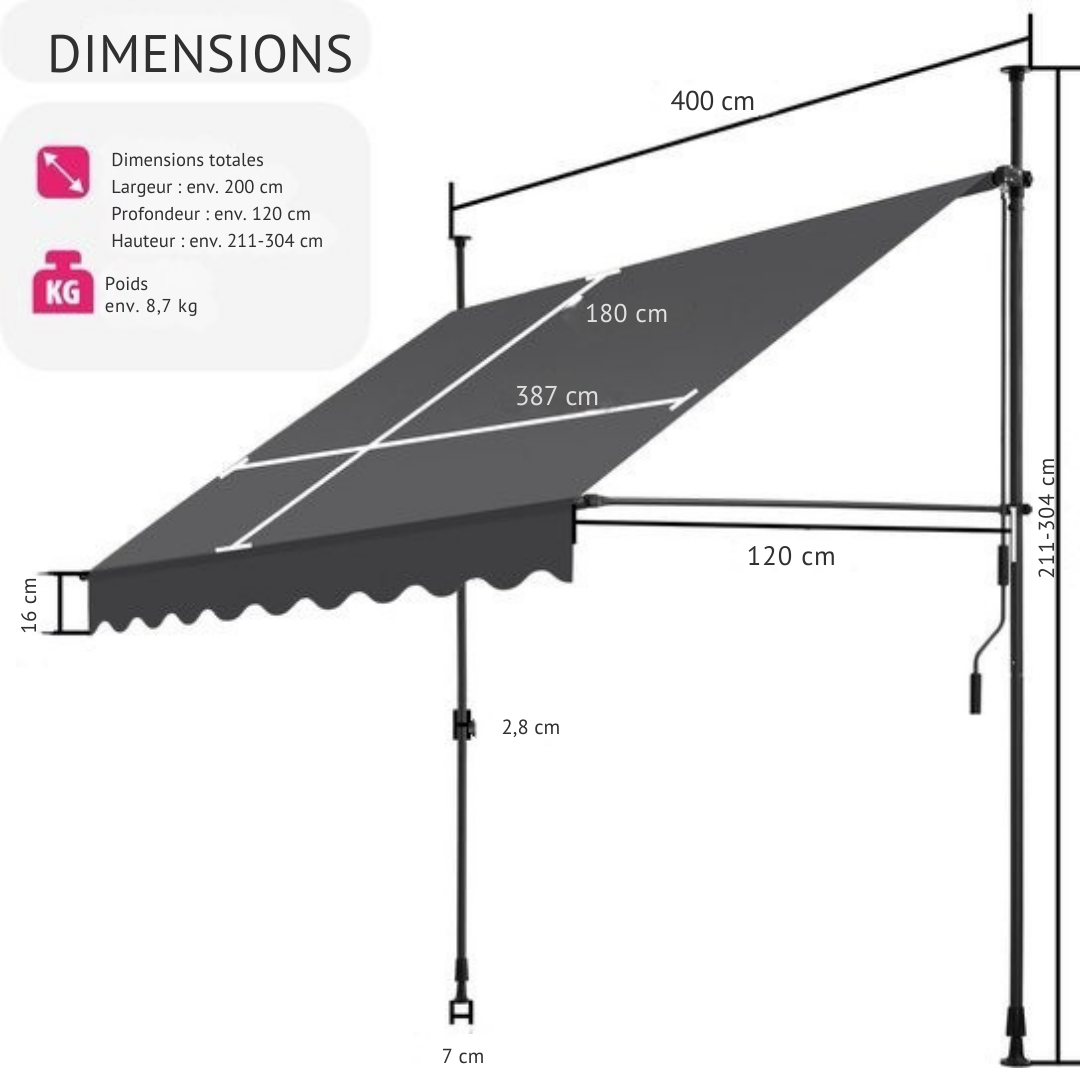 tectake - store à pinces - parasol - store - réglable - store à pinces - parasol balcon - 400 x 180 cm - noir gris - store - 404970