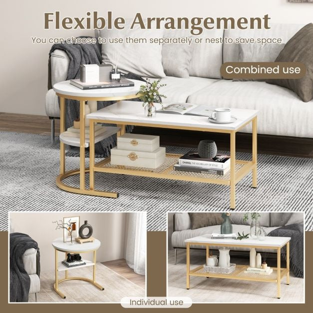 Coast Set de 2 tables d'appoint - Tables basses avec structure en métal doré - Max. 50KG - Or/Blanc