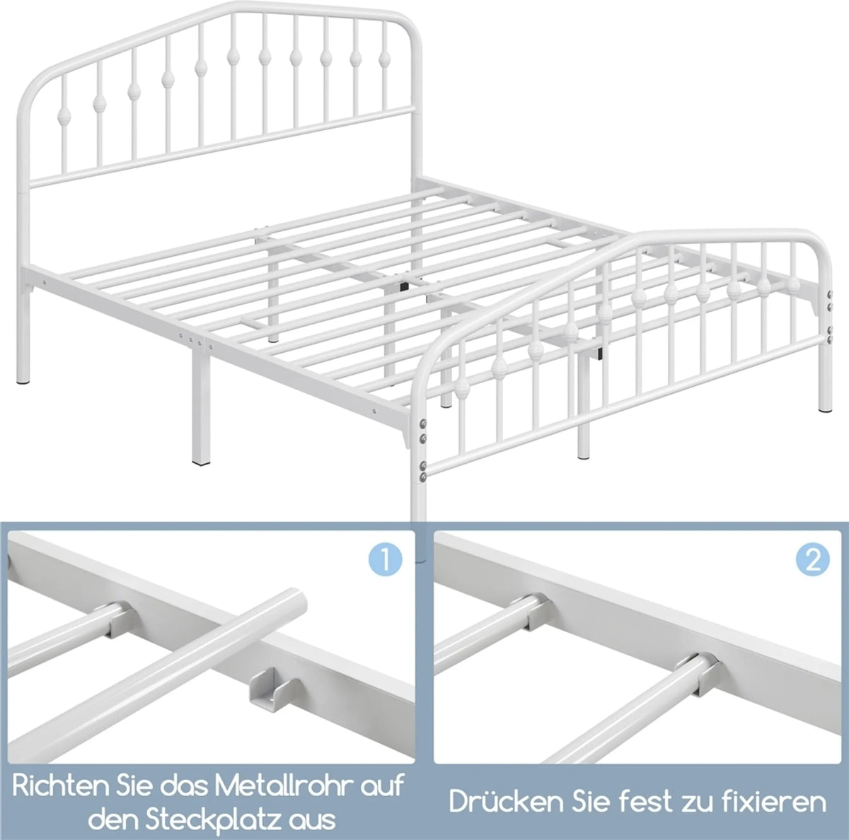 Lit classique en métal Yaheetech avec tête de lit haute 160 x 200 cm – Blanc – Métal