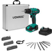 VONROC Perceuse sans fil 20V - 19 positions de vissage + position de perçage - Batterie 2.0Ah, chargeur rapide et 46 accessoires inclus dans une mallette de luxe