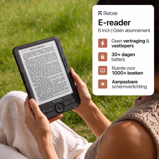 Liseuse Relore à écran tactile de 6 pouces - Capacité de stockage de plus de 1 000 livres électroniques - Remplace les liseuses Kobo Clara, Kindle et Pocketbook - Étui inclus