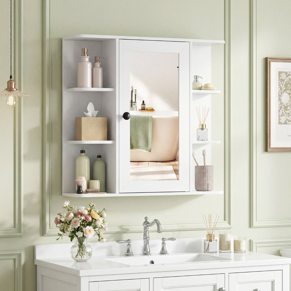 Meuble de salle de bains Coast avec miroir - six compartiments ouverts - trois compartiments intérieurs - blanc/marron rustique