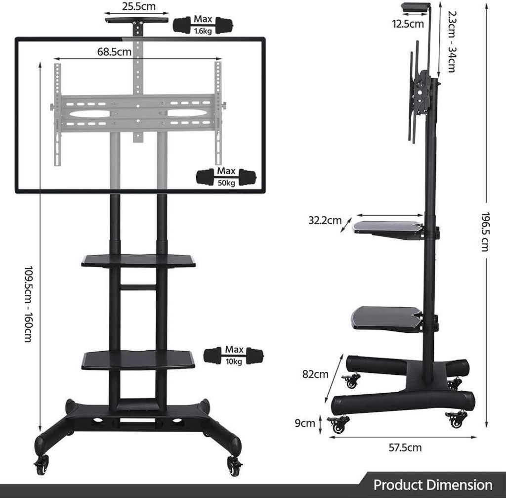Yaheetech : support TV sur roulettes 32-75 pouces - Réglable - 3 étagères - Noir - 82 x 57,5 x 196,5 cm