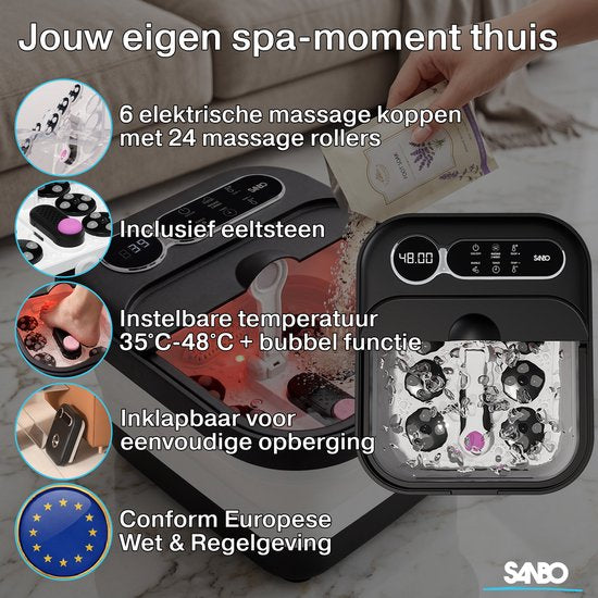 Bain de pieds Sanbo - Rouleaux de massage électriques - Température réglable de 35 à 48 degrés - Appareil de massage des pieds - Bain de pieds avec massage - Noir