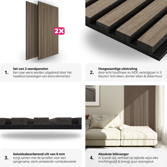 tectake® Jeu de 2 panneaux acoustiques Sonic Wall - Panneau acoustique - Atténuation du son - Dimensions par panneau (LxLxH) : env. 120x60x2,1cm - Diverses couleurs - Chêne foncé