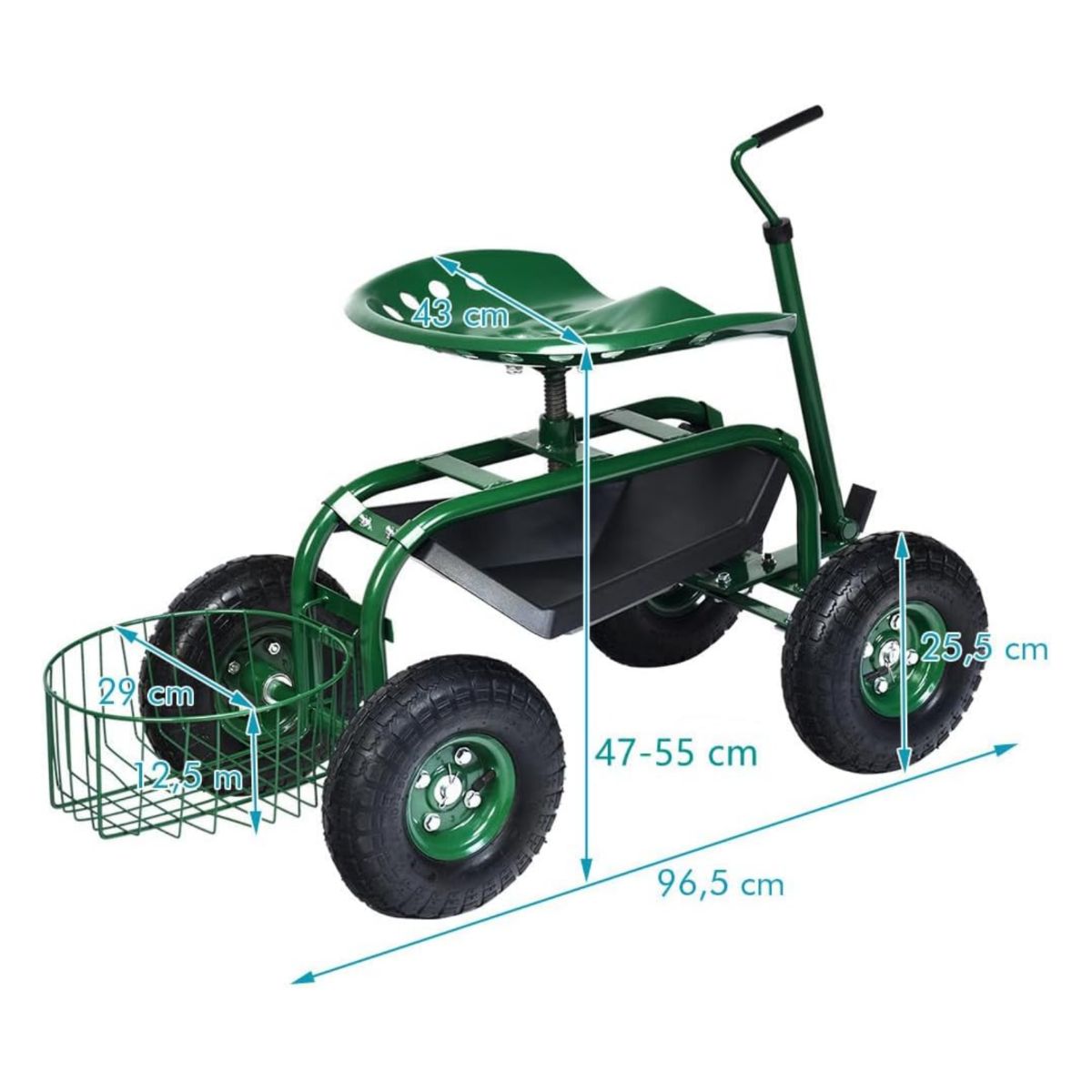 Chariot de jardin Coast avec panier de rangement - poignée réglable en hauteur - assise ergonomique - vert