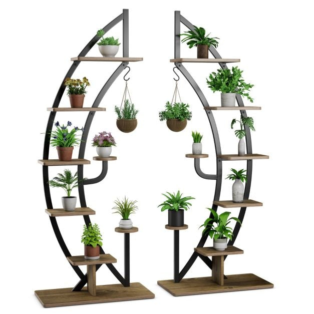 Coast Support pour plantes (lot de 2) - 7 couches, design croissant et échelle - 60 x 30 x 155 cm - métal/bois composite - noir