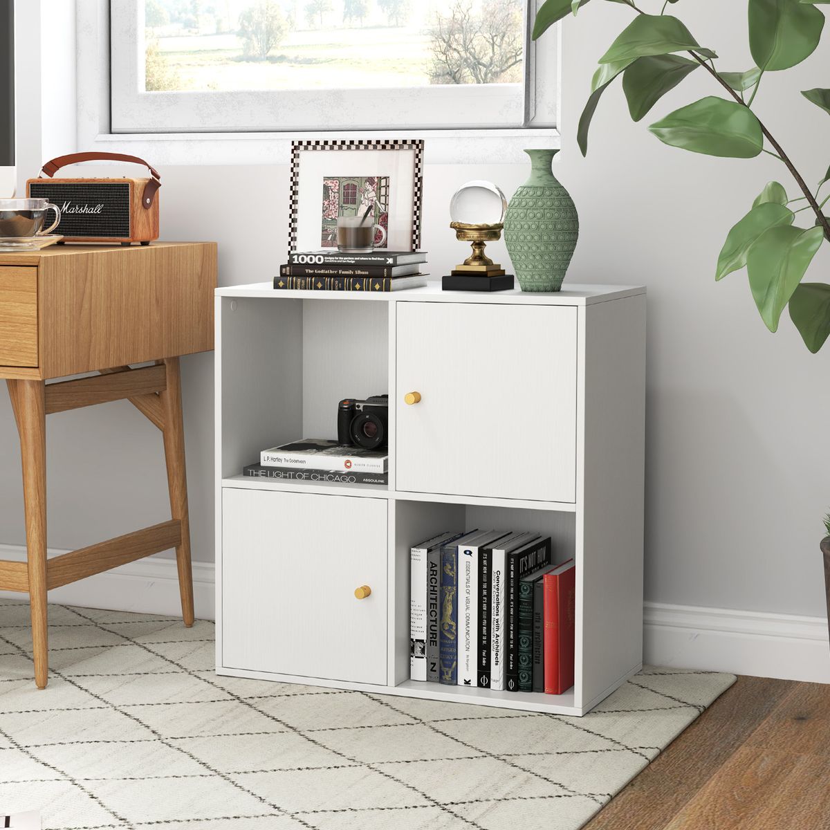 Bibliothèque Coast à 4 compartiments - avec dispositif anti-basculement - 2 portes - blanche - 60 x 29 x 60 cm