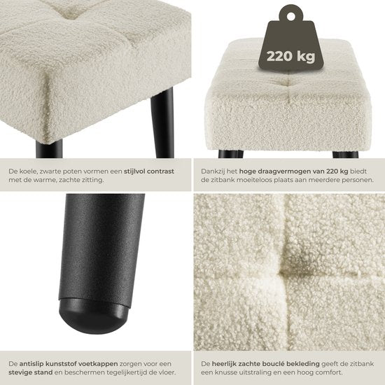Banc rembourré tectake® - 95 x 38 x 45 cm - Motif de surpiqûres - Capacité de charge : 220 kg - Banc d'assise - Banc d'entrée - Banc pour salon, chambre à coucher, couloir - Bouclé crème