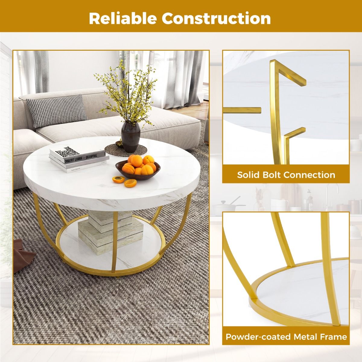 Table basse ronde Coast - 2 niveaux - structure métallique - blanche - 80 x 45 cm