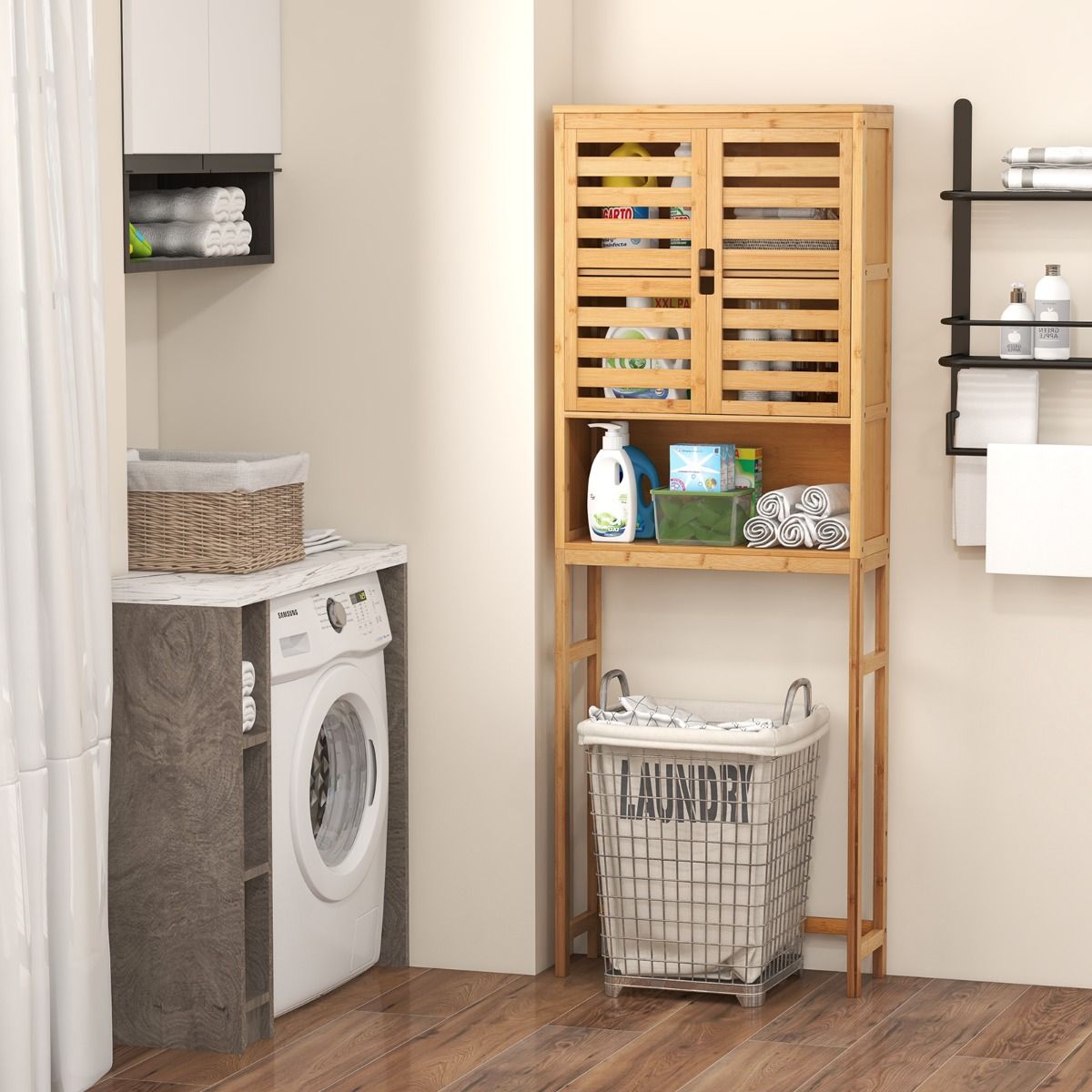 Coast Meuble de salle de bains à placer au-dessus des toilettes - meuble de rangement haut en bambou à 2 portes - peu encombrant - naturel - 62 x 23 x 170 cm