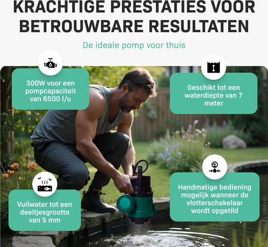 Pompe submersible VONROC / Pompe à eau 300 W – 6 500 l/h – Pour eaux claires et légèrement sales – Avec flotteur