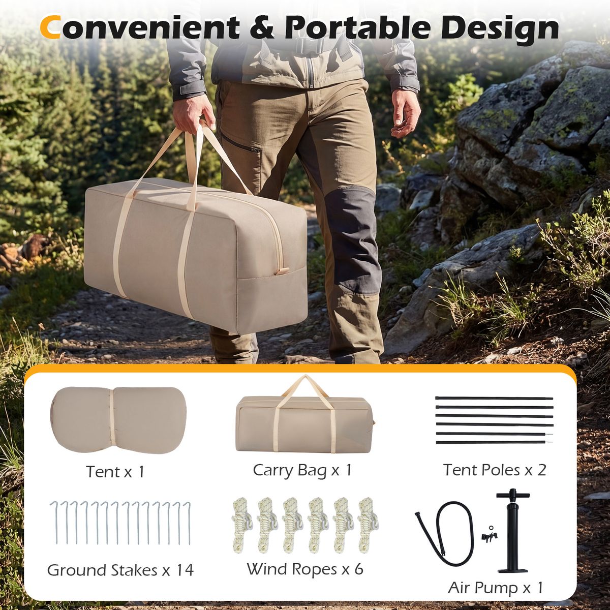 Tente de camping gonflable Coast - pour 4 à 6 personnes - montage rapide - kaki 253 x 213 x 183 cm
