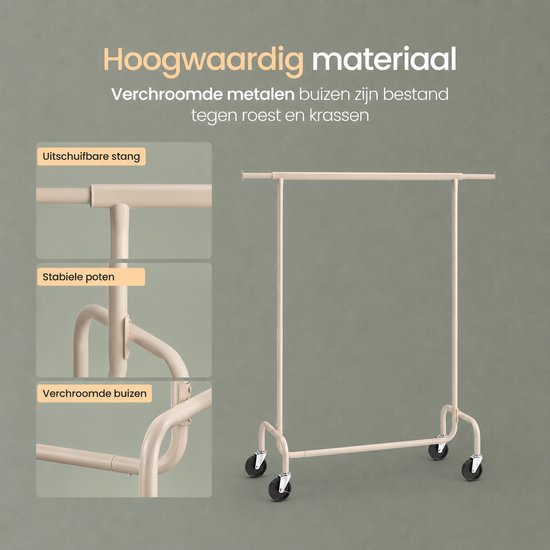 Porte-vêtements O'DADDY® - Porte-vêtements à roulettes - Porte-vêtements en métal - Porte-vêtements - Porte-vêtements - Portemanteau - Tringle à vêtements - Porte-vêtements - Tringle télescopique - Tringle réglable - Stable jusqu'à 130 kg - Beige