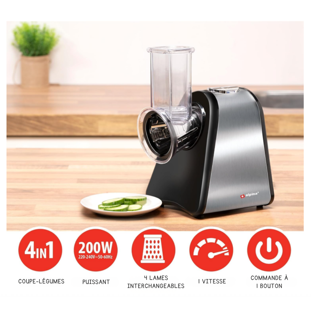 Coupe-légumes électrique Alpina - Mandoline - 4 lames en acier inoxydable -  200W - Noir/gris