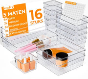 Posity Organisateur de tiroirs - 16 pièces - Plateaux d'organisation - Plateaux de tiroirs - Plateaux de stockage - Organisateur de maquillage - Pour la cuisine, la salle de bain et le bureau - Plastique - Transparent
